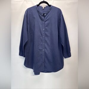 Eileen Fisher Organic Cotton Mandarin Collar Shirt Top Sz 1X Navy Blue Relaxed